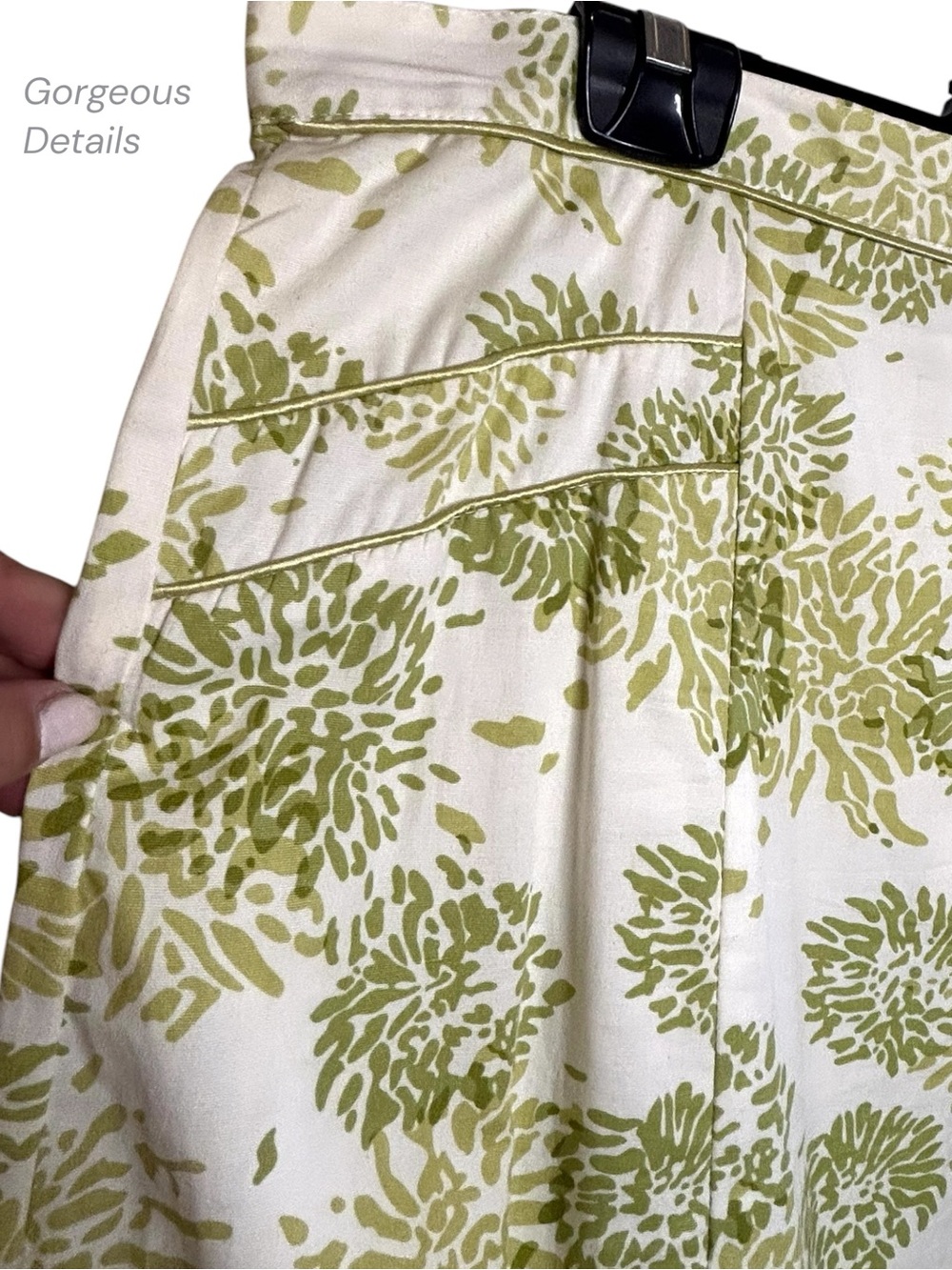 Pleated A-Line Knee Length Skirt Vibrant Green Floral Print on White Zip Close L - Picture 5 of 13